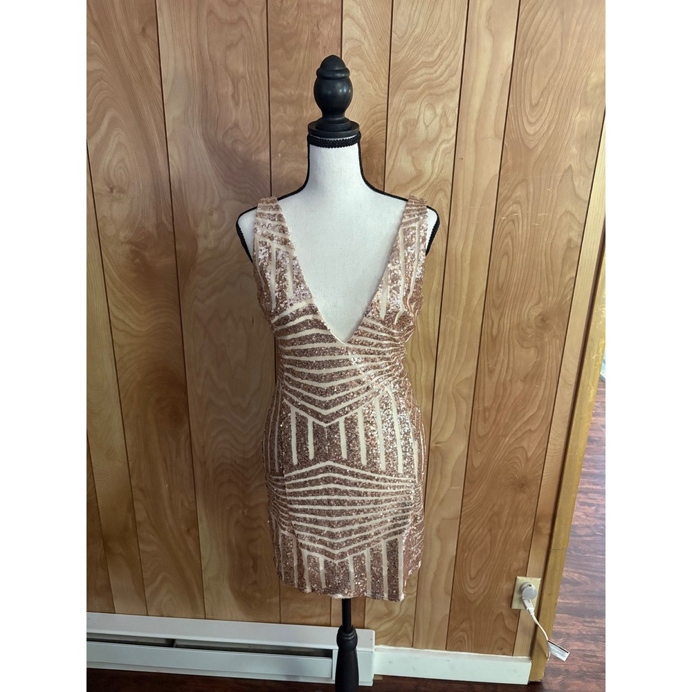 Rose Gold Sequin Geometric V-Neck Mini Dress Sleeveless Party Cocktail Womens L